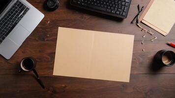 items on brown table, background design of random objects on table photo