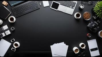 items on black table, background design of random objects on table photo