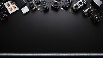 items on black table, background design of random objects on table photo