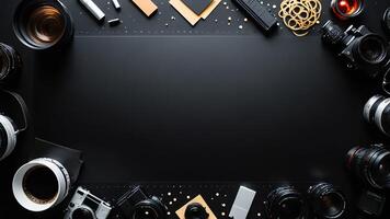 items on black table, background design of random objects on table photo