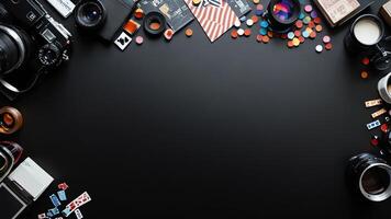 items on black table, background design of random objects on table photo