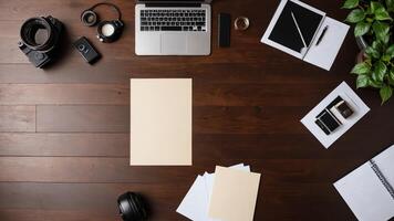 items on brown table, background design of random objects on table photo