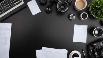 items on black table, background design of random objects on table photo
