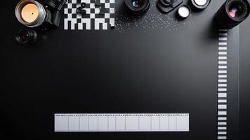 items on black table, background design of random objects on table photo