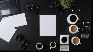 items on black table, background design of random objects on table photo