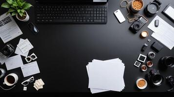 items on black table, background design of random objects on table photo
