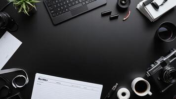 items on black table, background design of random objects on table photo