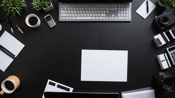 items on black table, background design of random objects on table photo