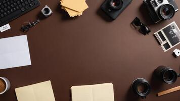 items on brown table, background design of random objects on table photo