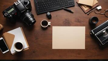 items on brown table, background design of random objects on table photo