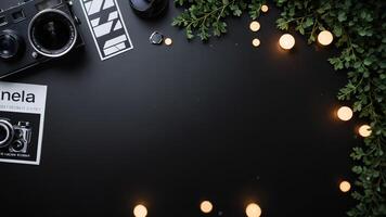 items on black table, background design of random objects on table photo