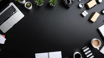 items on black table, background design of random objects on table photo