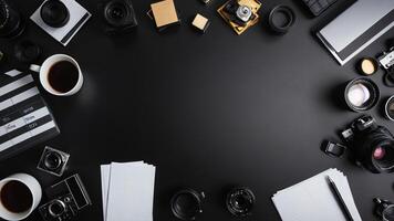 items on black table, background design of random objects on table photo