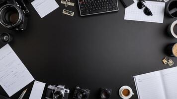items on black table, background design of random objects on table photo