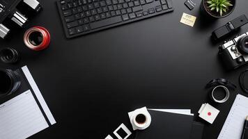 items on black table, background design of random objects on table photo