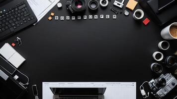 items on black table, background design of random objects on table photo