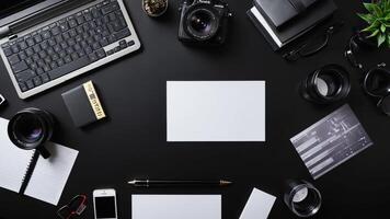 items on black table, background design of random objects on table photo