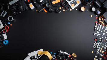 items on black table, background design of random objects on table photo