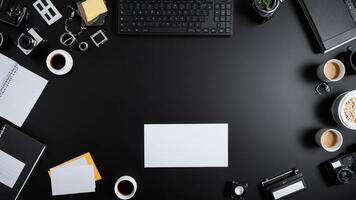 items on black table, background design of random objects on table photo