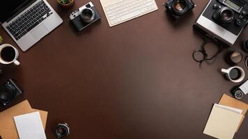 items on brown table, background design of random objects on table photo