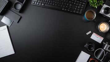 items on black table, background design of random objects on table photo