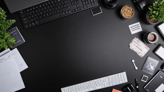 items on black table, background design of random objects on table photo