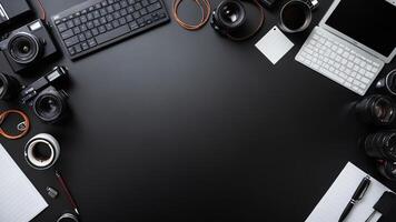 items on black table, background design of random objects on table photo