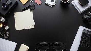items on black table, background design of random objects on table photo