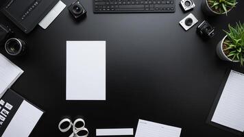 items on black table, background design of random objects on table photo