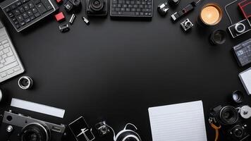 items on black table, background design of random objects on table photo