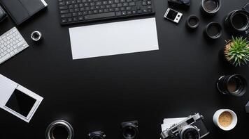 items on black table, background design of random objects on table photo