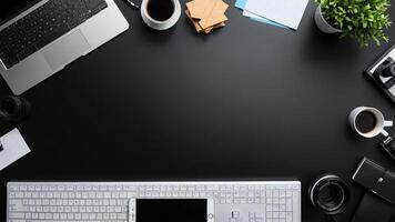items on black table, background design of random objects on table photo