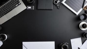 items on black table, background design of random objects on table photo