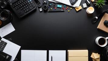 items on black table, background design of random objects on table photo