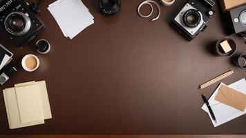 items on brown table, background design of random objects on table photo