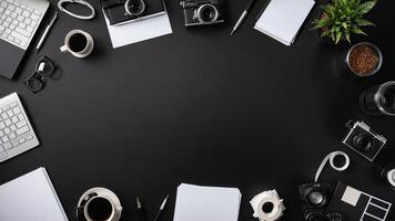 items on black table, background design of random objects on table photo