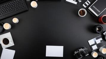items on black table, background design of random objects on table photo