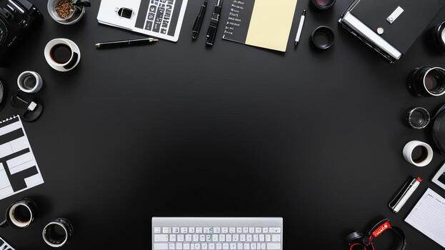 items on black table, background design of random objects on table photo