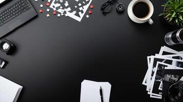items on black table, background design of random objects on table photo