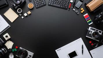 items on black table, background design of random objects on table photo