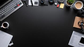 items on black table, background design of random objects on table photo