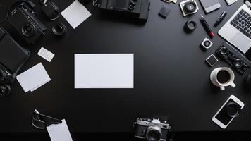 items on black table, background design of random objects on table photo