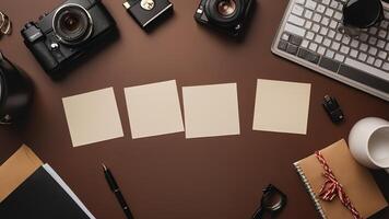 items on brown table, background design of random objects on table photo