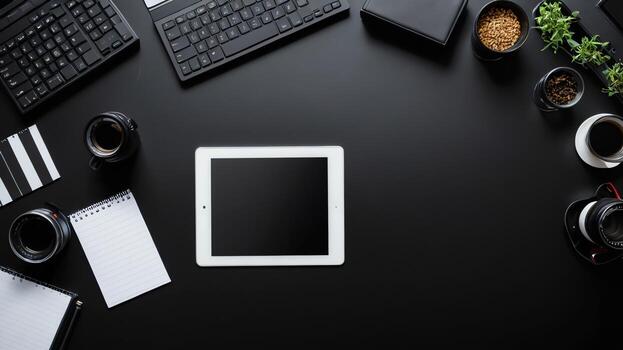 items on black table, background design of random objects on table photo