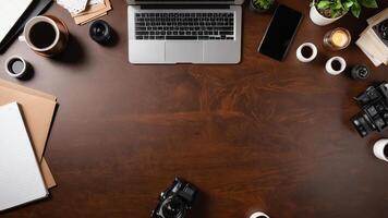 items on brown table, background design of random objects on table photo