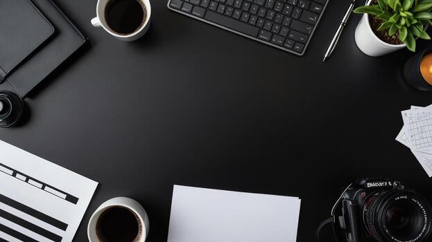 items on black table, background design of random objects on table photo