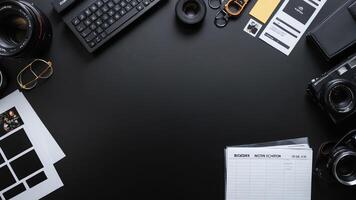 items on black table, background design of random objects on table photo