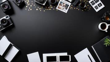 items on black table, background design of random objects on table photo