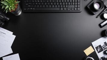 items on black table, background design of random objects on table photo