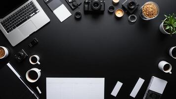 items on black table, background design of random objects on table photo